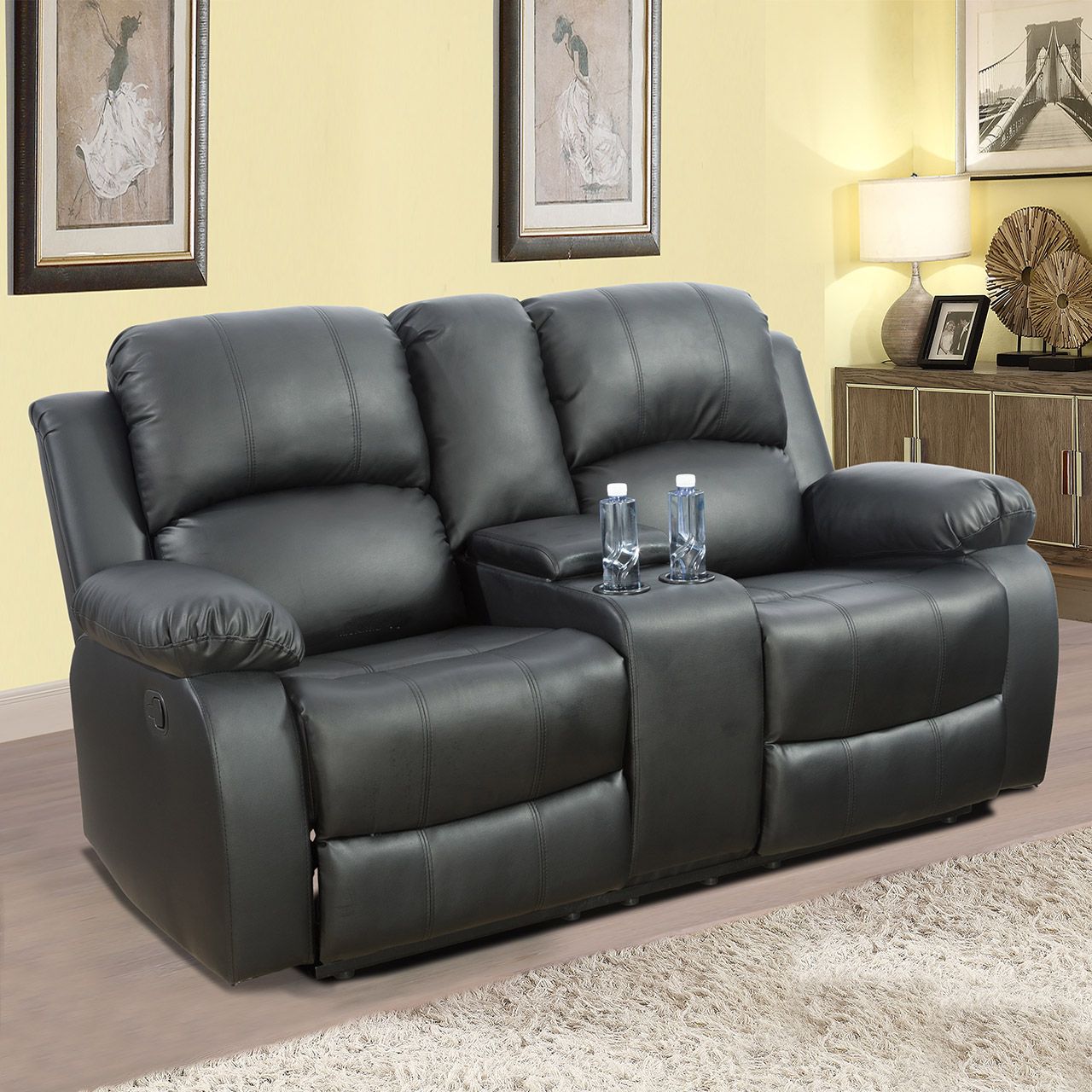 Sofá de Dos Plazas Negro Semi PU y PVC para Sala de Estar L