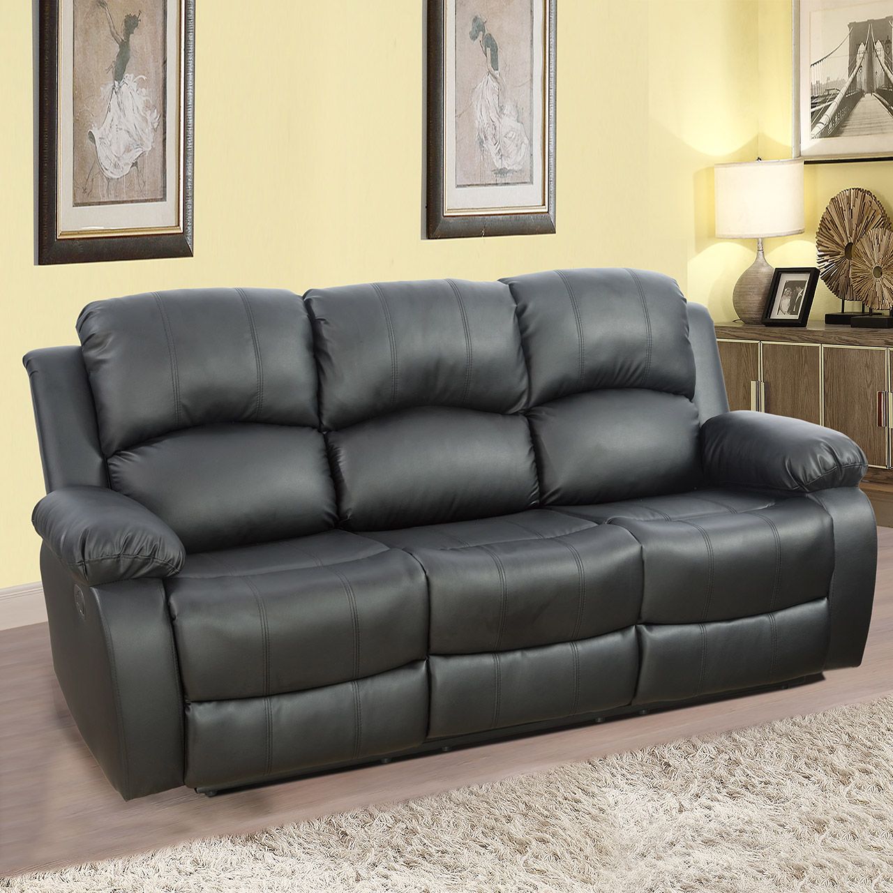 Sofá de Tres Plazas Negro Semi PU y PVC para Sala de Estar S