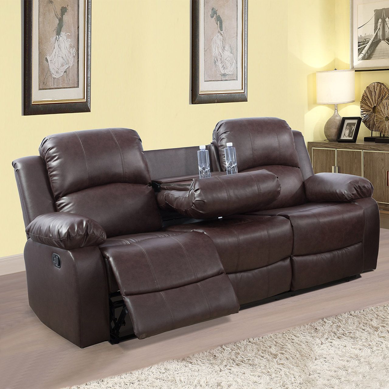 Brown Semi PU and PVC Three-Seater Sofa Living Room Sofa S
